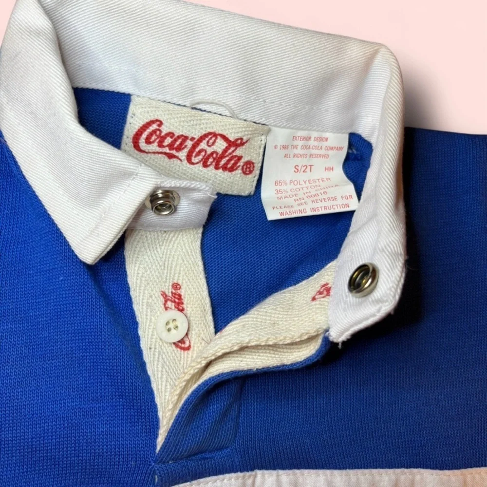 Vintage NWT 1986 Coca-Cola Kids Rugby Shirt Size 2T Unisex Polo Color Block Blue